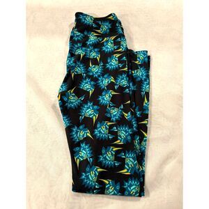 LuLaRoe One Size Leggings Teal Fish Print Buttery Soft OS Black Background